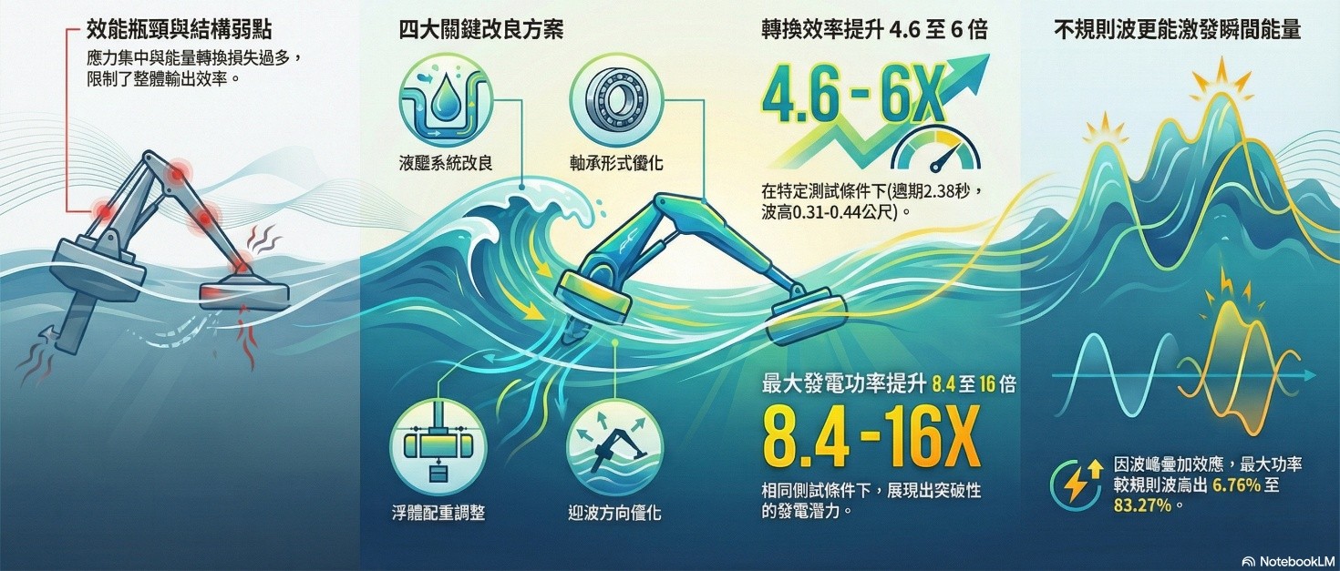 擺臂式波浪發電機組於精進前後之差異