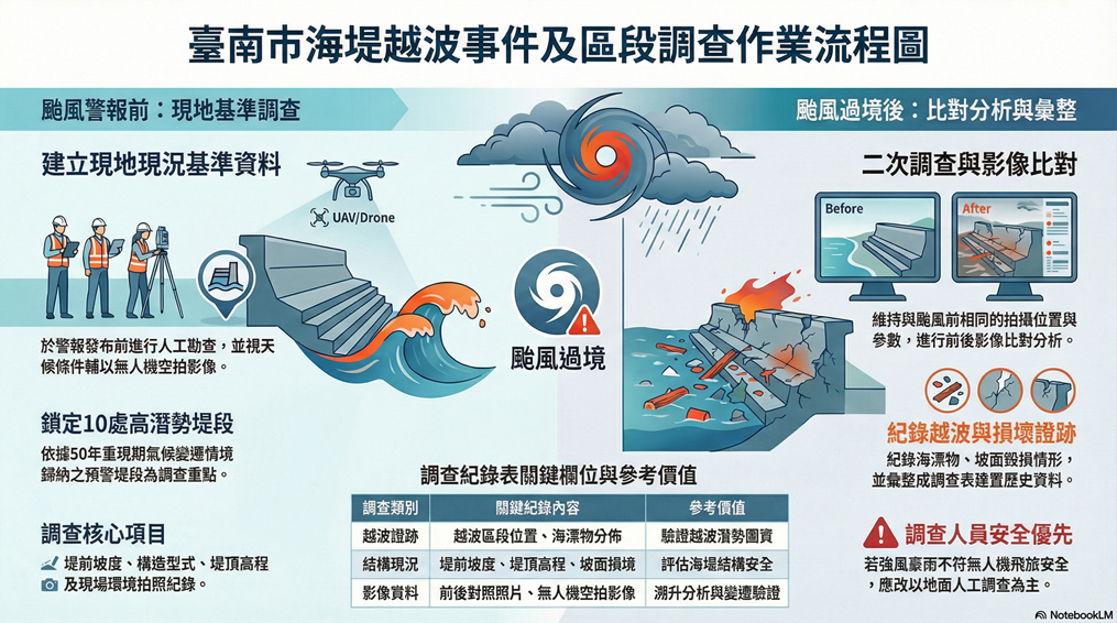 圖四  台南海岸海堤越波事件及區段調查作業流程圖