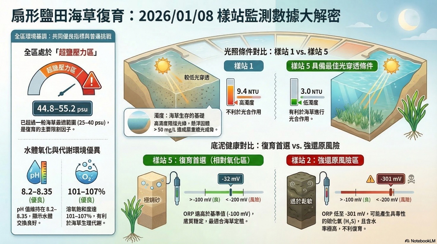 圖9 以NotebookLM展示台南將軍區青鯤鯓扇形鹽田海草復育區水質與底質成果範例