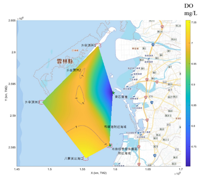 圖7.以Matlab演算法結合地理資訊系統(GIS))展示水質空間分佈趨勢成果範例