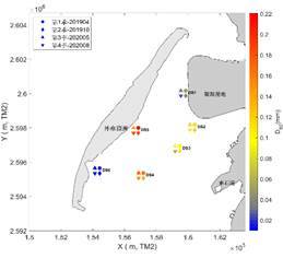 東石海岸濕地四季次(2019~2020)底質中值粒徑空間分佈圖