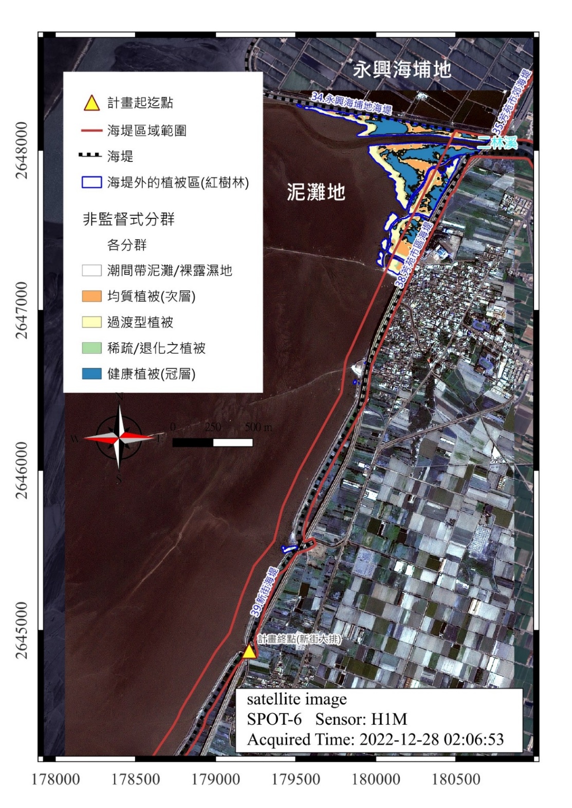 圖二  二林溪至新街大排間紅樹林之分類成果及分佈